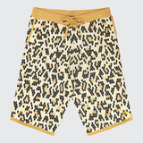 A pair of men's knitted shorts with a leopard print pattern and a beige waistband.