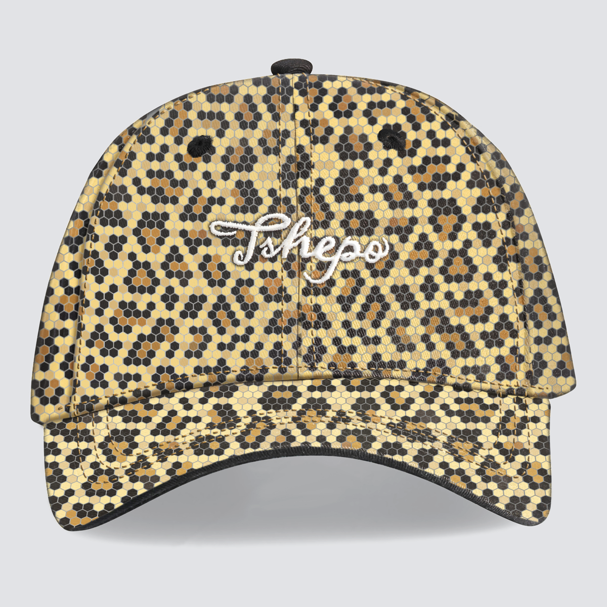 A cap with a leopard animal print pattern and an embroidered signature logo on the front.