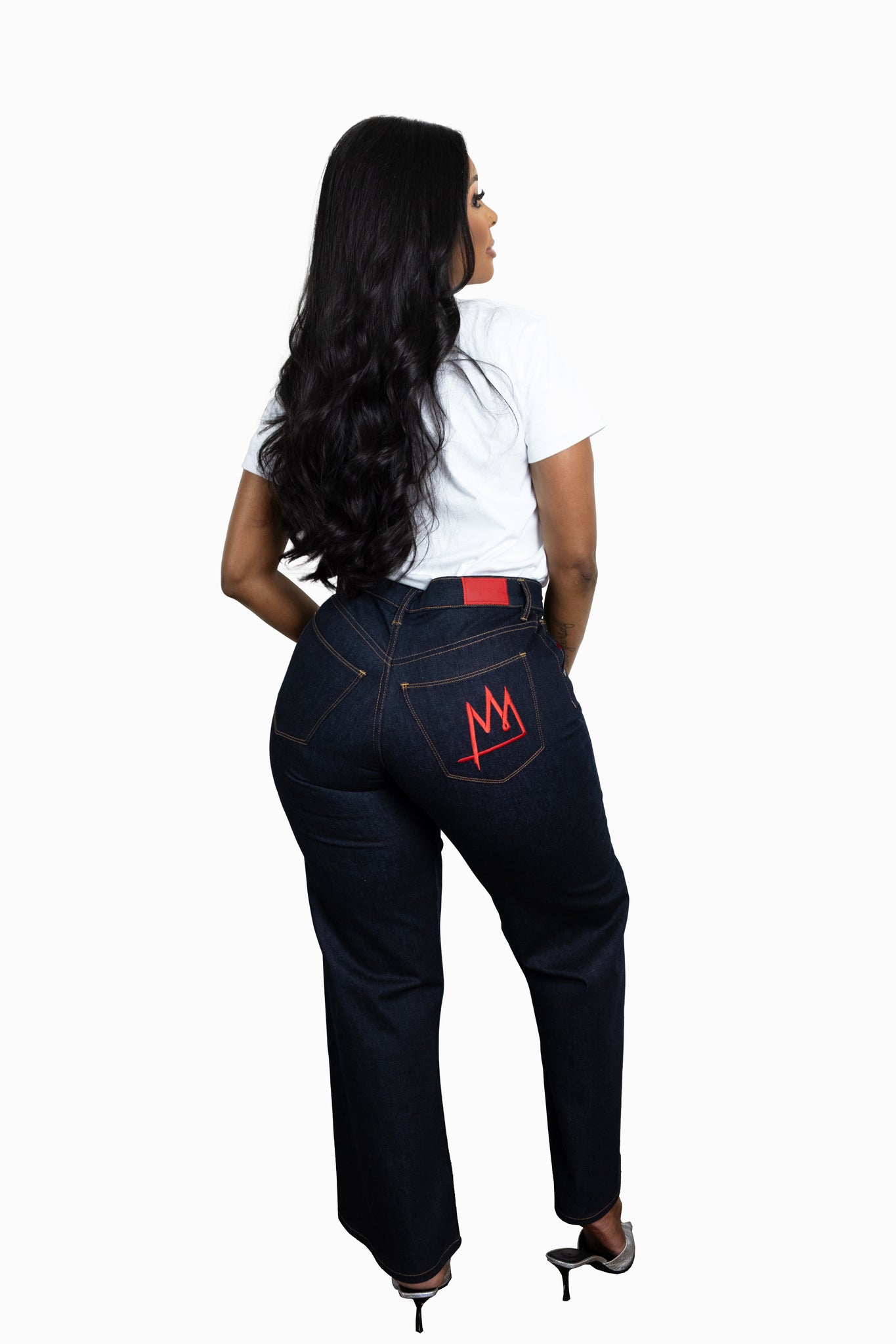 Model wearing TSHEPO Pakisha jeans showing the back 