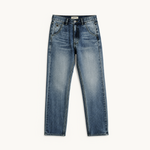 Front view of a pair of medium-wash blue denim jeans with a straight-leg fit, laid flat against a clean off-white background.