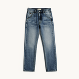 Front view of a pair of medium-wash blue denim jeans with a straight-leg fit, laid flat against a clean off-white background.