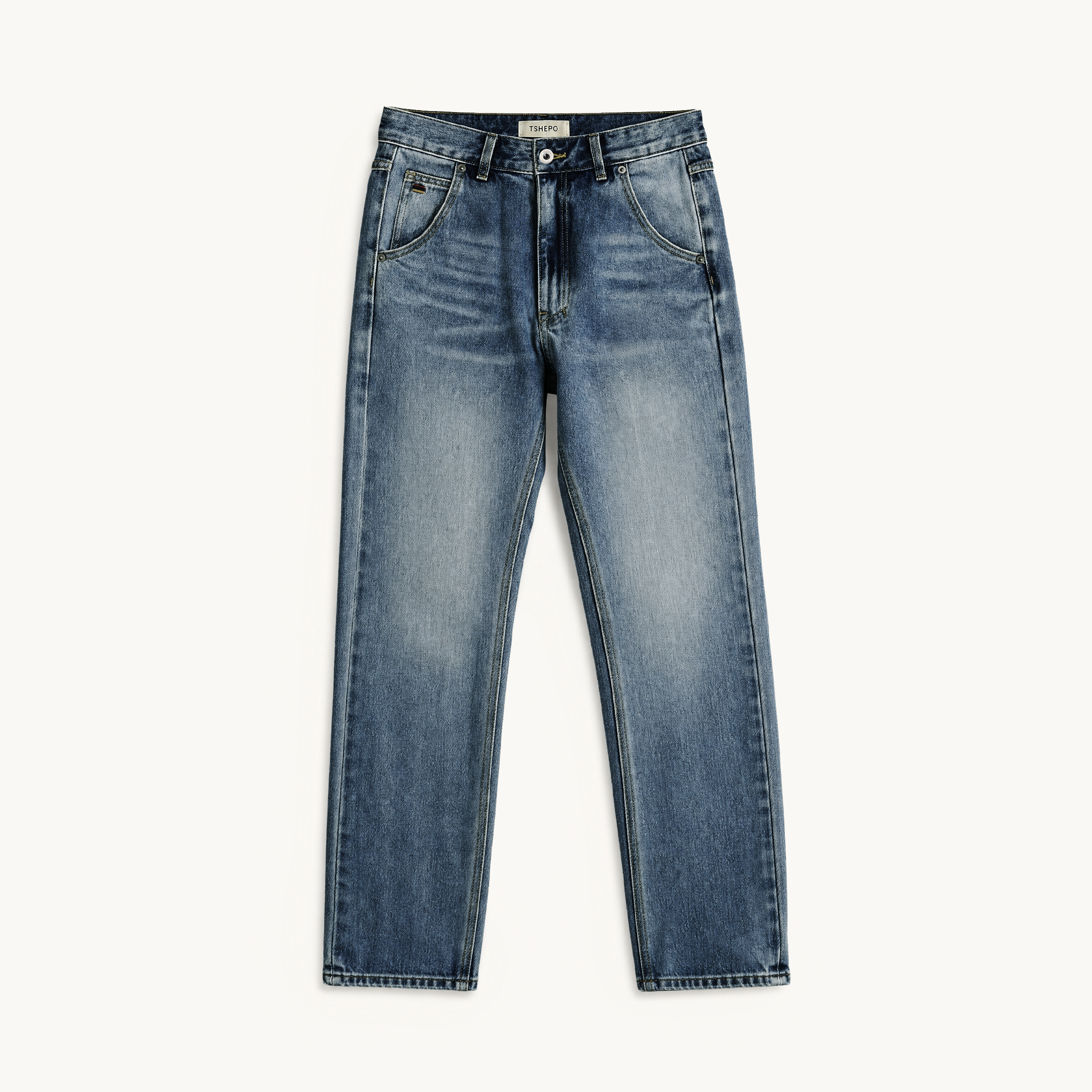 Front view of a pair of medium-wash blue denim jeans with a straight-leg fit, laid flat against a clean off-white background.