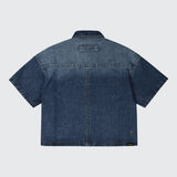 TSHEPO, LADIES CROPPED SHORT SLEEVE DENIM SHIRT, MID-BLUE
