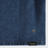 TSHEPO, LADIES CROPPED SHORT SLEEVE DENIM SHIRT, MID-BLUE